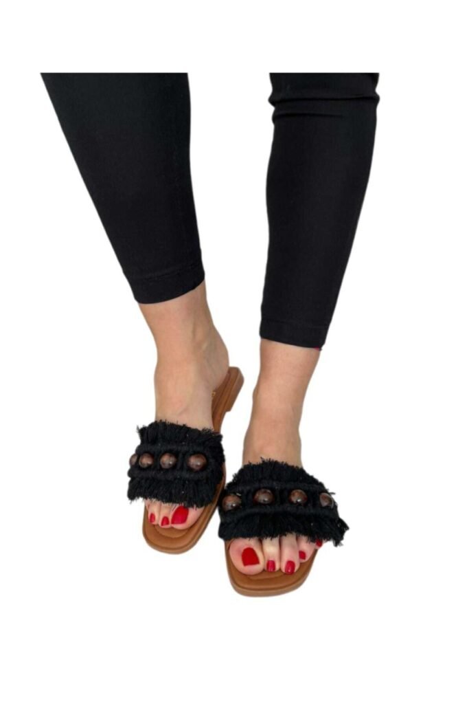 ASKA SHOES Kadın Siyah Makrome Günlük Terlik